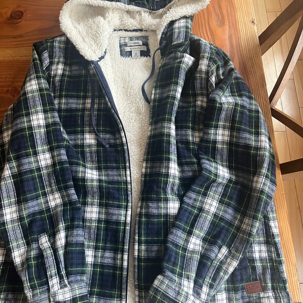 L.L. Bean Navy and Green Plaid Sherpa-Lined Kids Puffer Jacket